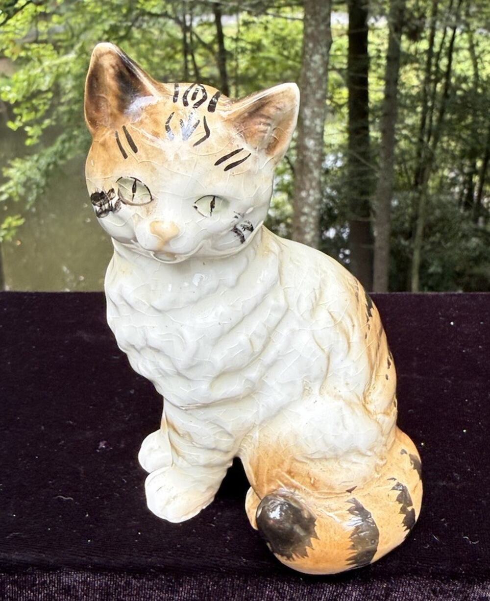 Vintage 1950s Japan Ceramic Cat Figurine 7” Green Eyes Tabby MCM Kitsch